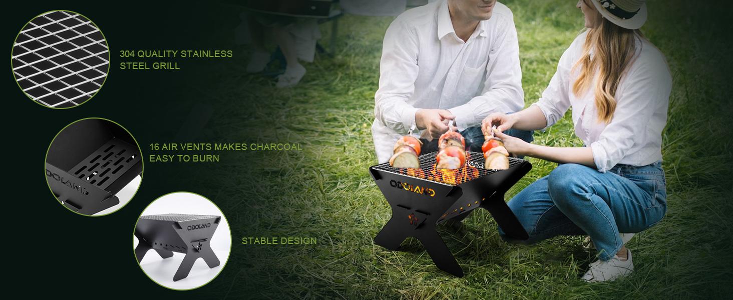 Odoland Camping Campfire Grill, Portable Folding Charcoal Grills, Backpacking BBQ Grill, Heavy Duty Firepit Grill with Carry Bag for Outdoor Cooking, Bonfire, Patio, Backyard
