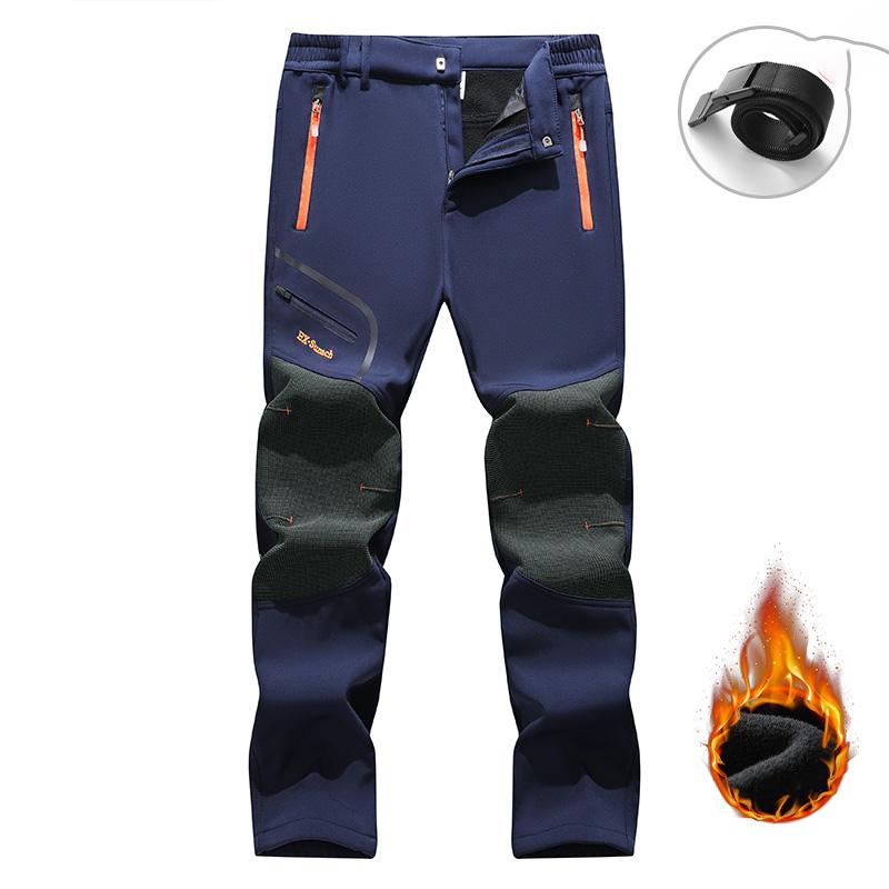 Men's Winter Fleece Lined Warm Pants Outdoor Hiking Durable Plush Spliced Design Multi-pocket Thermal Trousers with Adjustable Waist