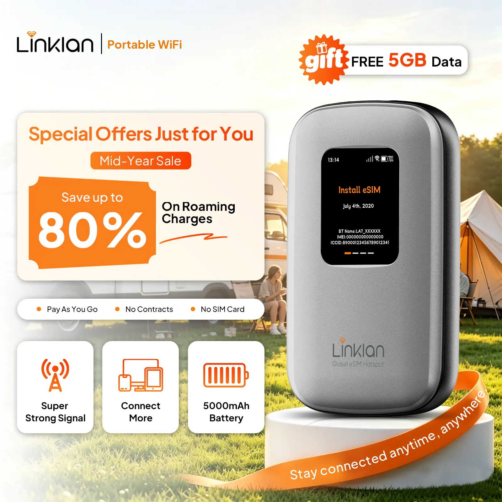 Linklan New Portable Wi-Fi Hotspot - 4G LTE High-Speed Wireless Dual-Band 802.11.n Mobile Broadband Router, SIM-Free Global Coverage for Travelers, Ideal for Travel, Remote Work, Cars, RVs