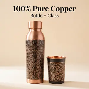 100% Pure Copper Water Bottle and Glass Set – Engraved Floral Design – Ayurvedic Gift – Handmade Wellness Decor