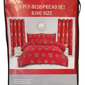 5PCS King Size Bedspread Set with Matching Curtains – Red Luxury Bedding Set