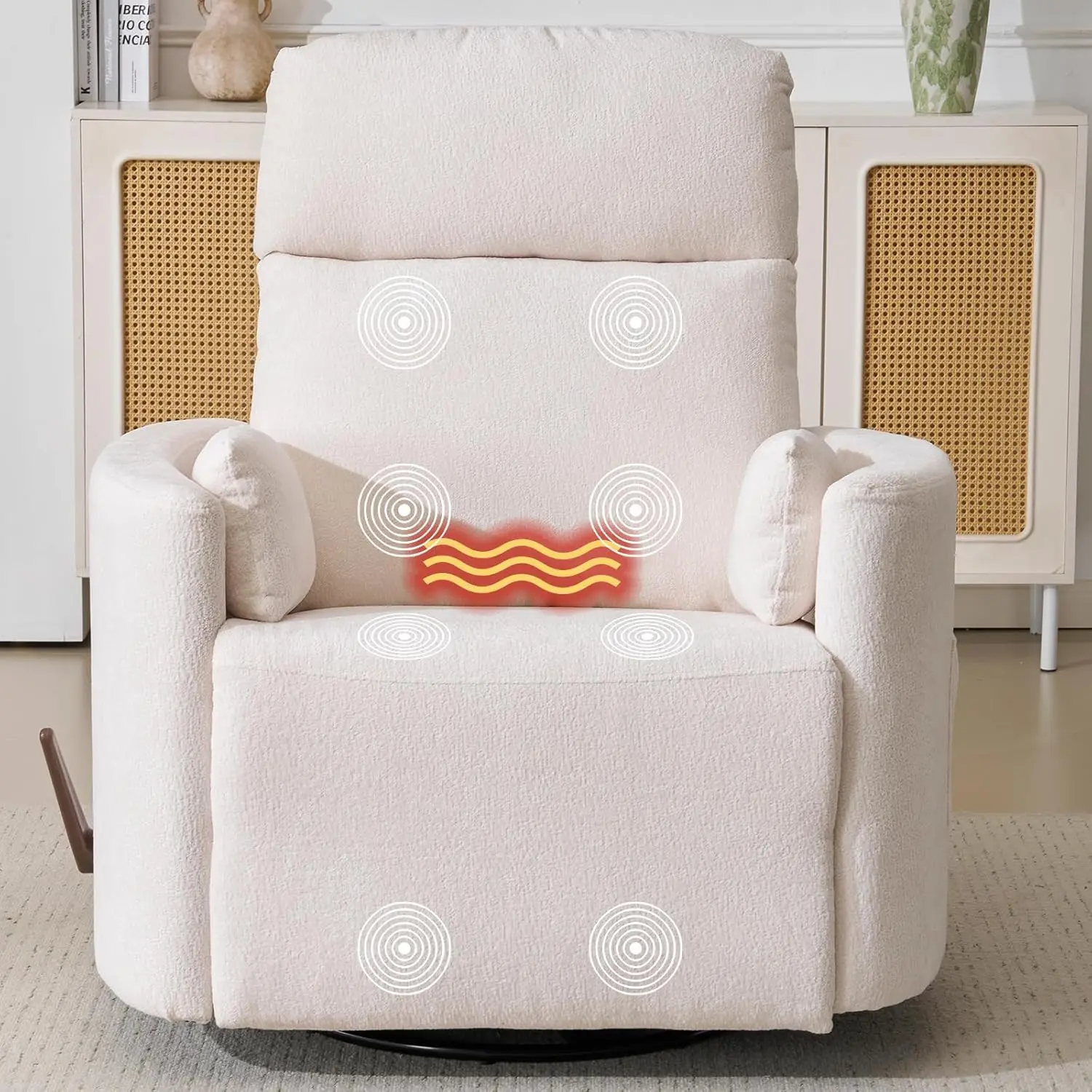 Rhevoy Oversized 360° Swivel Adjustable Angle Recliner - Heat Vibration Rocking Chair, Modern Arc Armrests, Adjustable Headrest, 2 Removable Pillows for Nursery Use, White, 360° Swivel Recliners, Adjustable Angle Recliners