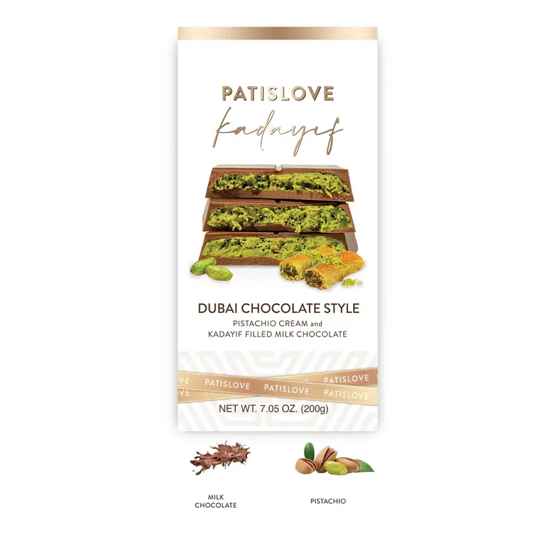 PatisLove Dubai Chocolate Bar 7.05 oz / 200g – Premium Gourmet Chocolate, Handmade Luxury Treat, Premium Chocolate Filled with Knafeh