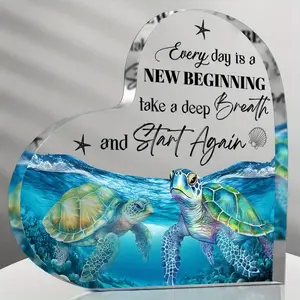 Sea Turtle Heart Acrylic Plaque 3.94" | New Beginning Inspirational Desk Decor | Motivational Start Again Paperweight with Wood Stand hone wall art sign bar flat library desktop display home cafe funny warning toilet private vintage metal wall art rule,su