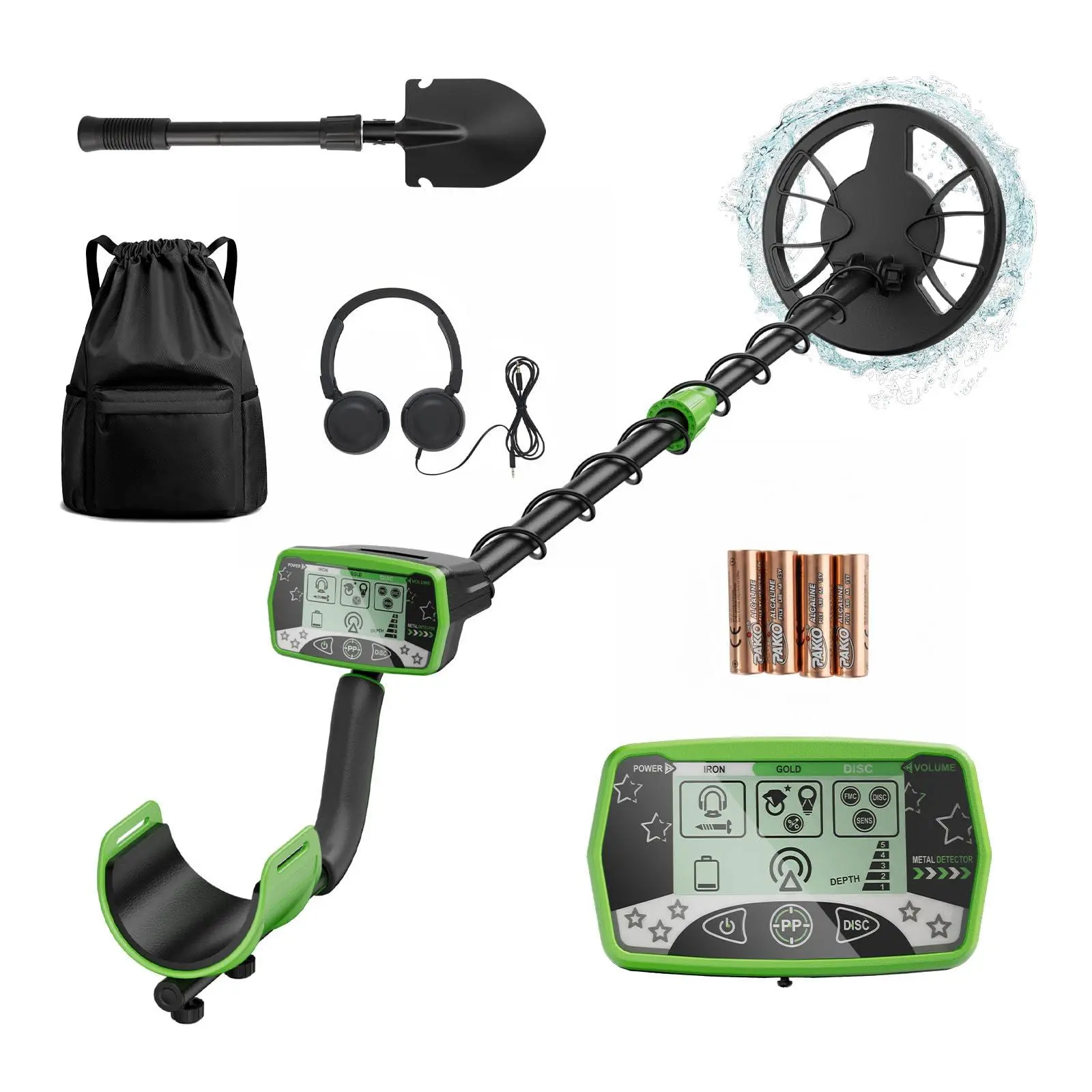 Green Metal Detector for Adults & Kids, Waterproof Metal Detectors with High Accuracy 8" Search Coil, All Metal & Disc Modes for Gold Detector