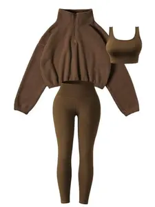 Amoyer 2026 3-Piece Set Sports OutfitFor Women, Soft Knit Fabric, High-WaistedPants And Sports Bra, Half-Zip Plush Jacket,Fitness Set For Fall & Winter sportswear sporty style