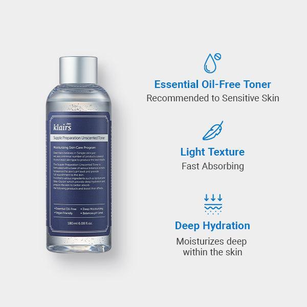 [Dear Klairs] Supple Preparation Unscented Toner 180ml - Lightweight Essential Oil-Free Alcohol-Free Korean Skincare Facial Moisturizer Hydrating Hyaluronic Calming Comfort Sensitive