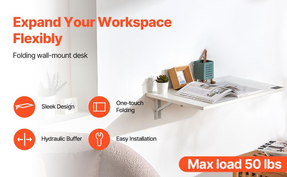 SucceBuy Wall Mounted Folding Table Drop Leaf  Floating Desk with Bracket Fold Down for Home Office Room Kitchen Space-Saving