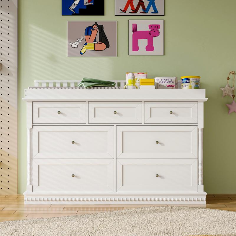 FUFU&GAGA Deborah Changing Table Dresser Antique White with Exposed Shelves, 5 Exposed Drawers & Space for Changing Pad, High-Quality Engineered Wood