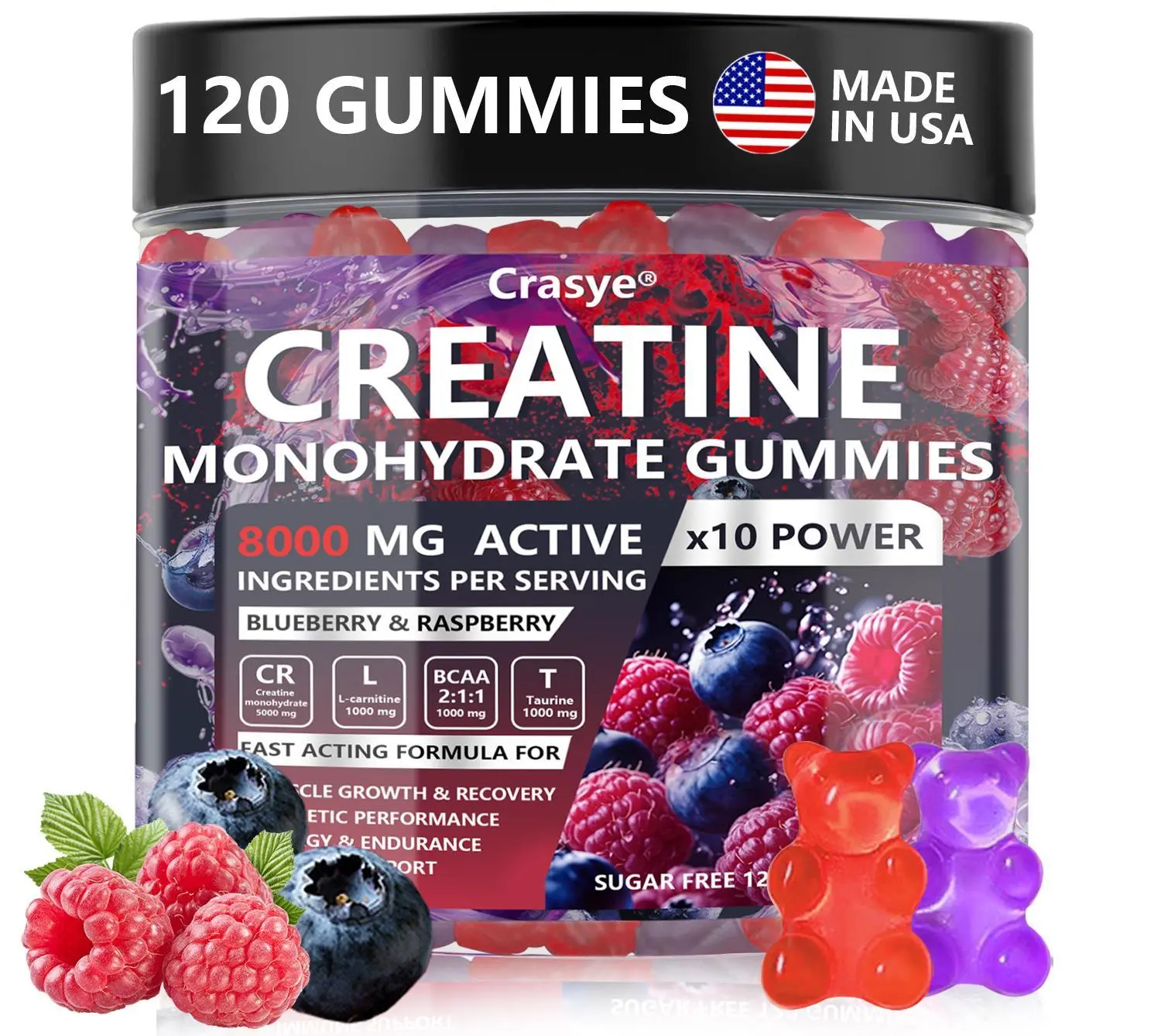CRASYE Chewable Creatine Gummies - 8000mg Blueberry Raspberry Flavor, 120-Count, Sugar-Free, Gluten-Free Nutrition Supplement, USA-Made with Essential Aminos for Youth, Lean Muscle Lifestyle & Body Goals