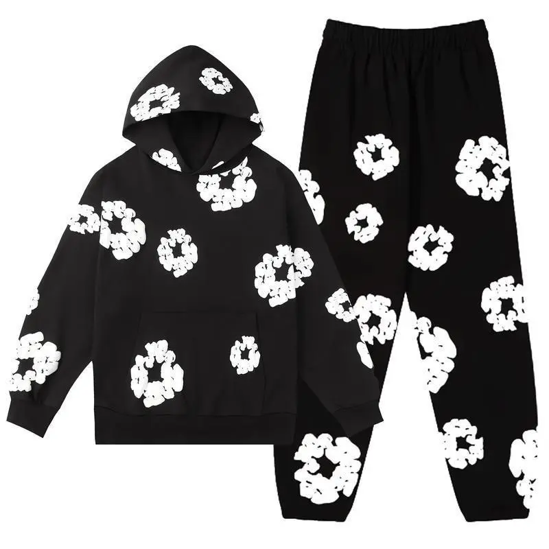 Denim Pants Flower Hoodie - Boy Design Set, Pockets, Youth Style, Sweatshirt & Joggers, Wide Leg, TersSweatpants Dress Outfit Clothes Suits Elegant Formal Black Casual Menswear