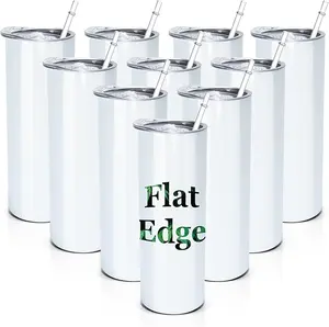 AGH 10pcs 20oz Sublimation Tumblers Bulk With Flat Edge, 20 oz Sublimation Tumbler Blank, Skinny Straight Stainless Steel Blanks Cups with Individual Box, Plastic Straw for Coffee, Drinks
