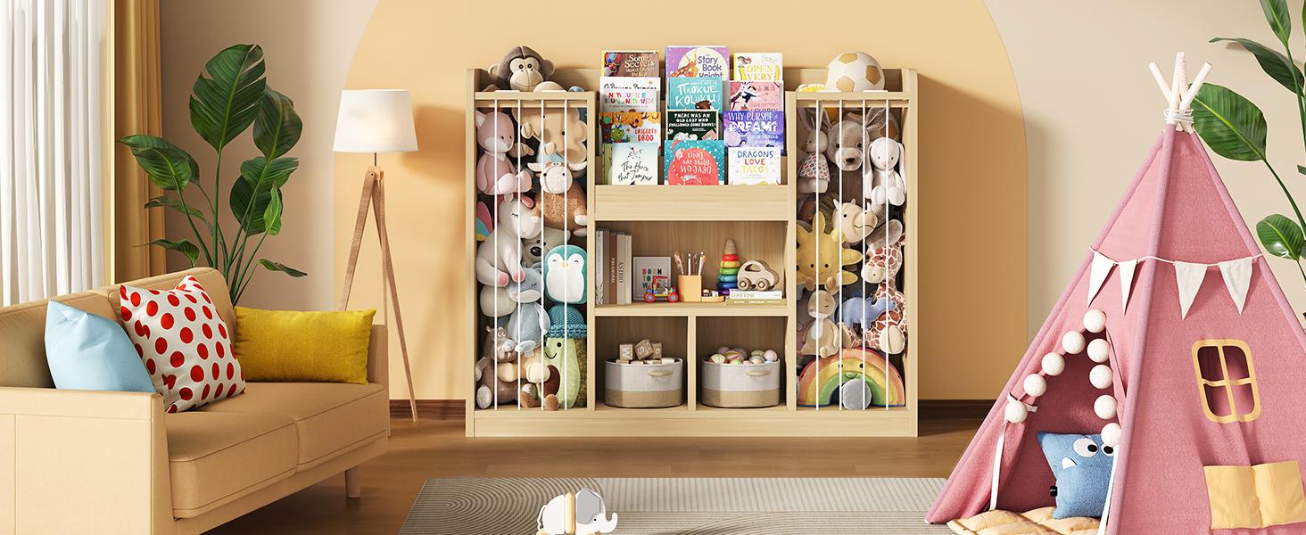 ONBRILL Two Wooden Stuffed Animal Storage, Toddler Toy Storage Organizer with 4-Tier Kids Bookshelf and 3 Open Cube Shlef, Multifunctional Bookcase for Kids Rooms Playroom Nursery ONBRILL Two Wooden Stuffed Animal Storage, Toddler Toy Storage Organizer with 4-Tier Kids Bookshelf and 3 Open Cube Shlef, Multifunctional Bookcase for Kids Rooms Playroom Nursery