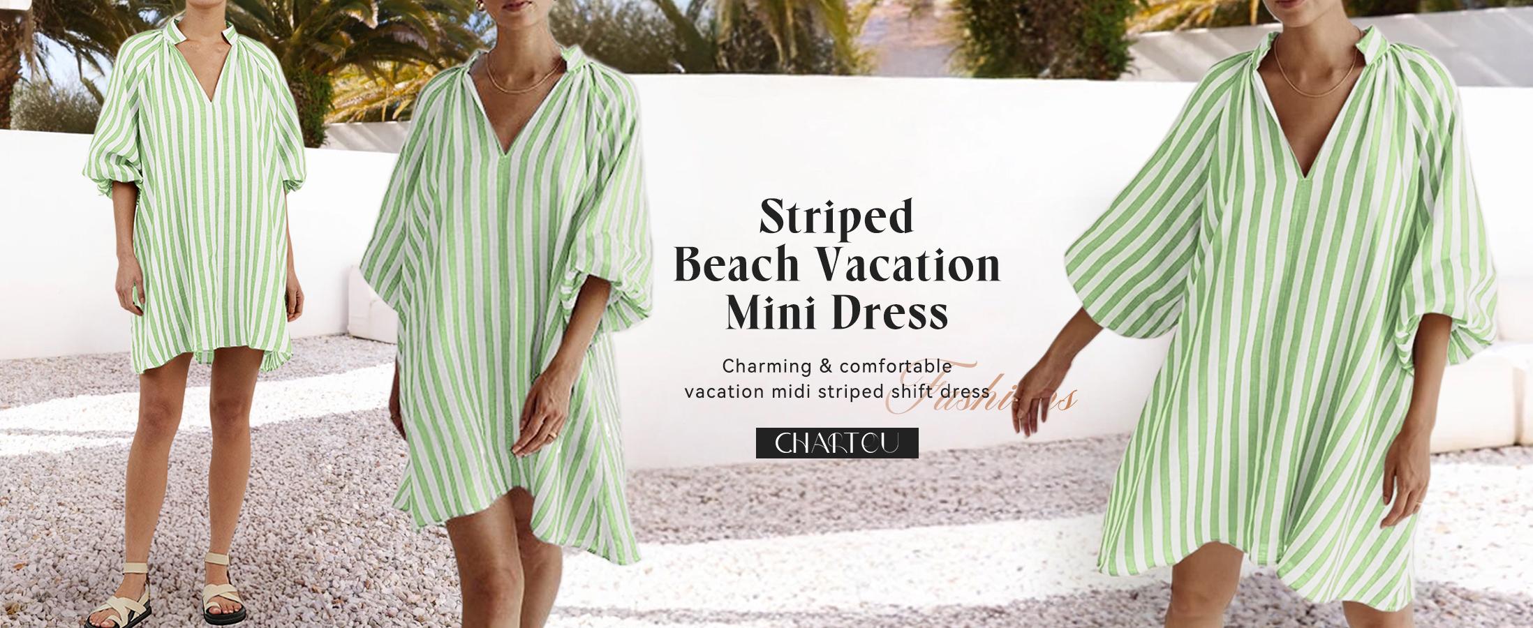 CHARTOU Women Mini Dress Summer Striped Beach Vacation 3/4 Sleeve Boho Chic Outfits Tunic Shift Dress CHARTOU Women Mini Dress Summer Striped Beach Vacation 3/4 Sleeve Boho Chic Outfits Tunic Shift Dress