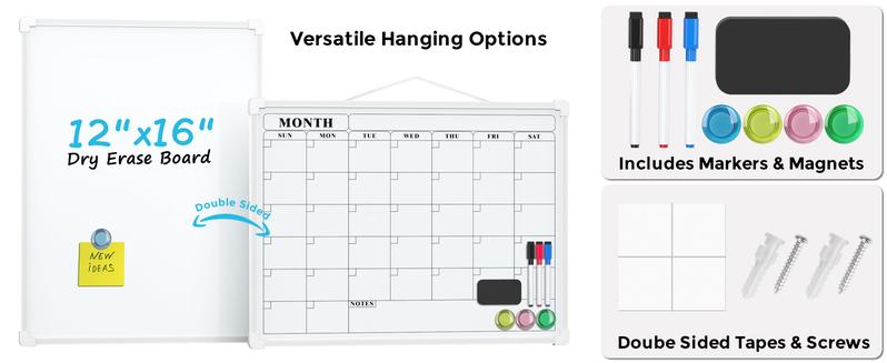 MaxGear 16"x12" Double-Sided Monthly Calendar Dry Erase Board for Wall Hanging Whiteboard with 3 Markers & 4 Magnets Portable for Students Planning Drawing Memo To-Do List