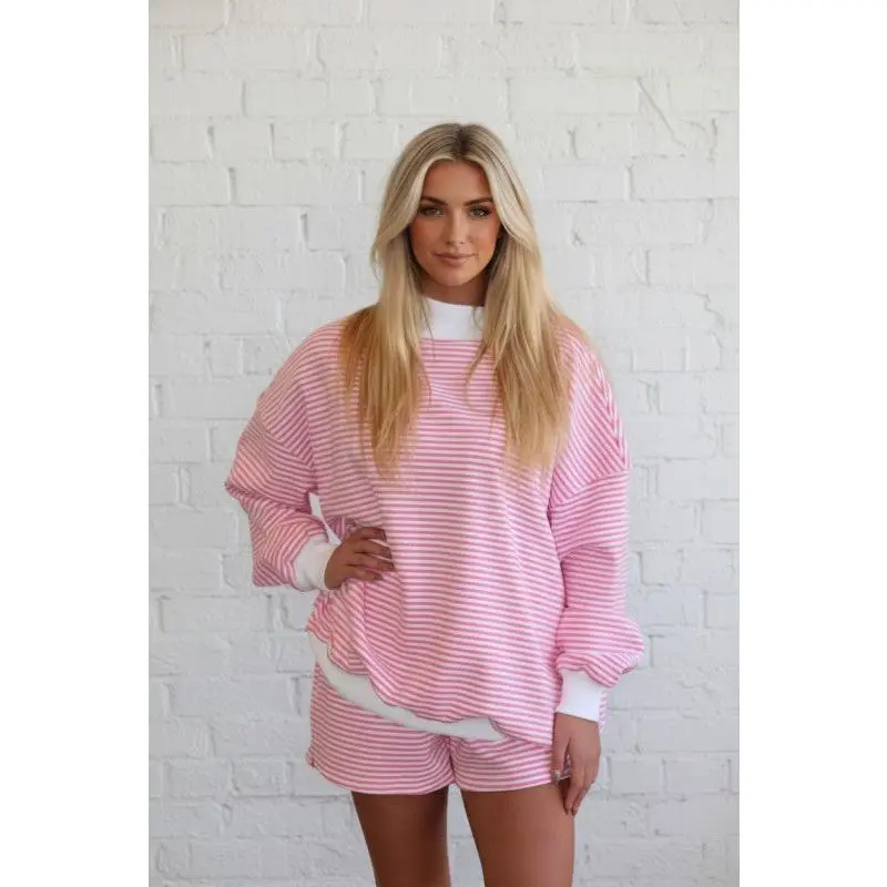 Stripe Oversize Mock Neck Sweatshirt & Shorts Set