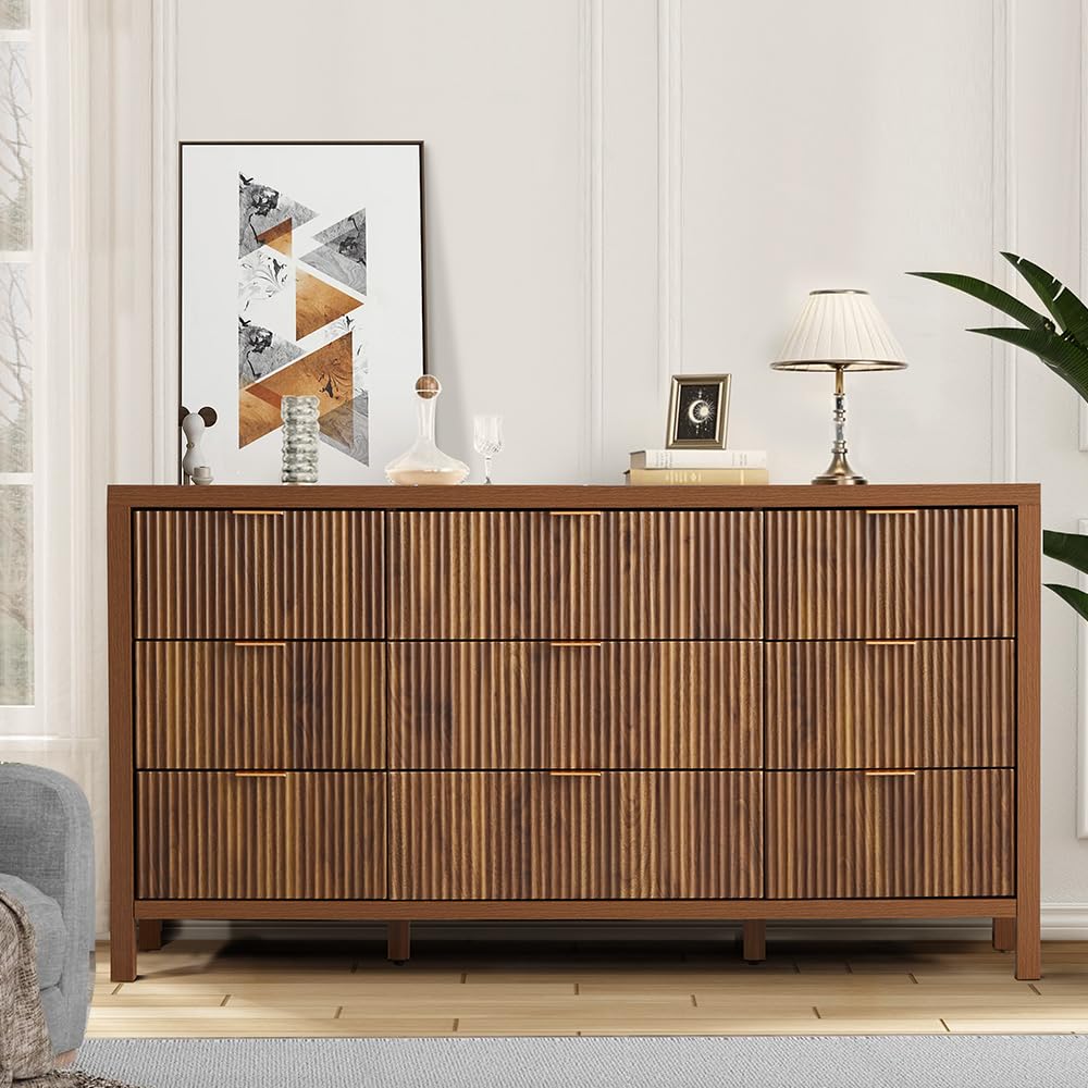 Giratree 6 9 Drawer Dresser Cabinet, Long Nightstand with Drawers and Storage Cabinet, Boho Solid Wood Dresser TV Stand, Mid Century Modern Nightstand with 6 Drawer Dresser for Bedroom Closet