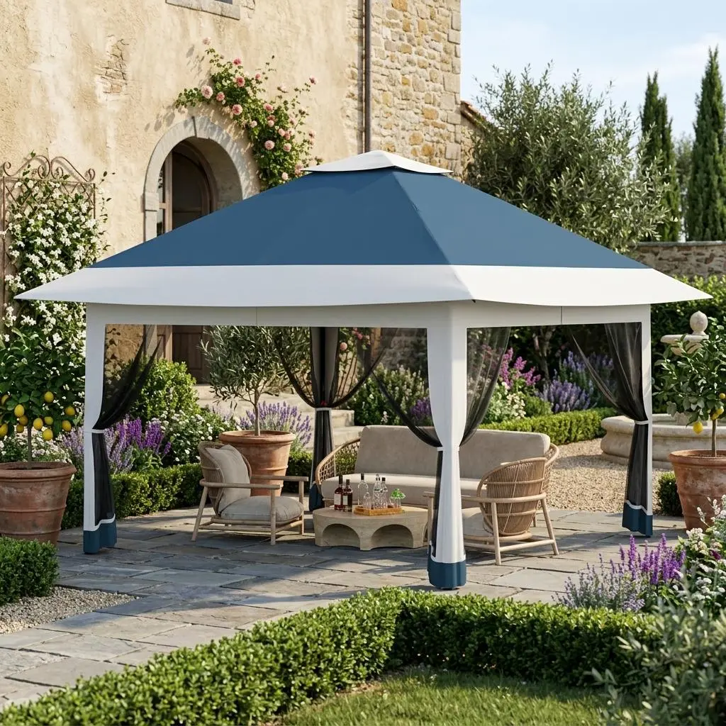 IdealHouse 12x12 Metal Frame Easy Pop Up Outdoor Gazebo Canopy Tent - Sturdy, Quick Setup, Weather-Resistant, Sun Protection, Mosquito Netting, Stake - Ideal for Backyard Watch Party, Beach Cabana - Includes 4 Sandbags, Wheeled Storage Bag