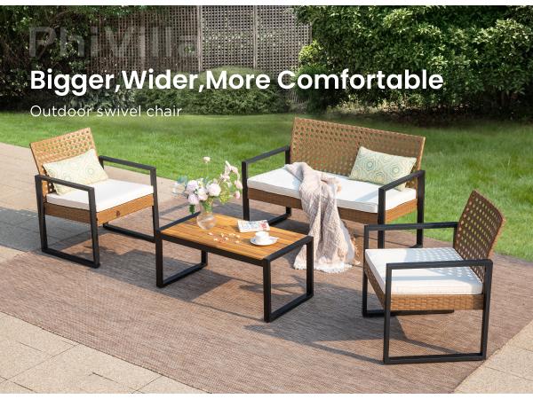 Phi Villa 4-Piece Patio Conversation Set - Wicker Chairs, Acacia Wood Coffee Table, Solid Wood Tabletop, Durable & Stylish Outdoor Design Furniture, Deals for You