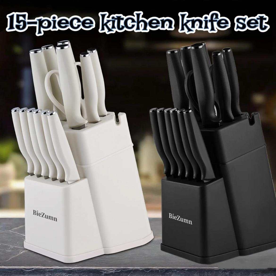 14-Piece Kitchen Knife Set Material: High-carbon stainless steel, with sharp blades Includes: Serrated steak knife set (stainless steel material); it also features modern kitchen utensil properties Block German Kitchenware