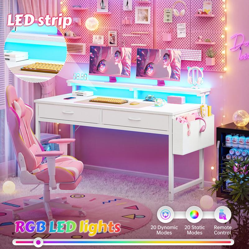 【Vanity & Computer Desk】31.5'' Gaming Desk with LED Lights in Dorm & Tiny home,Computer desk with 2 Storage Drawers,Home Office Desk with Side Pocket & Ergonomic Monitor Stand,Writing Table with Anti-Tip Design, Nice gift for Women and Teens