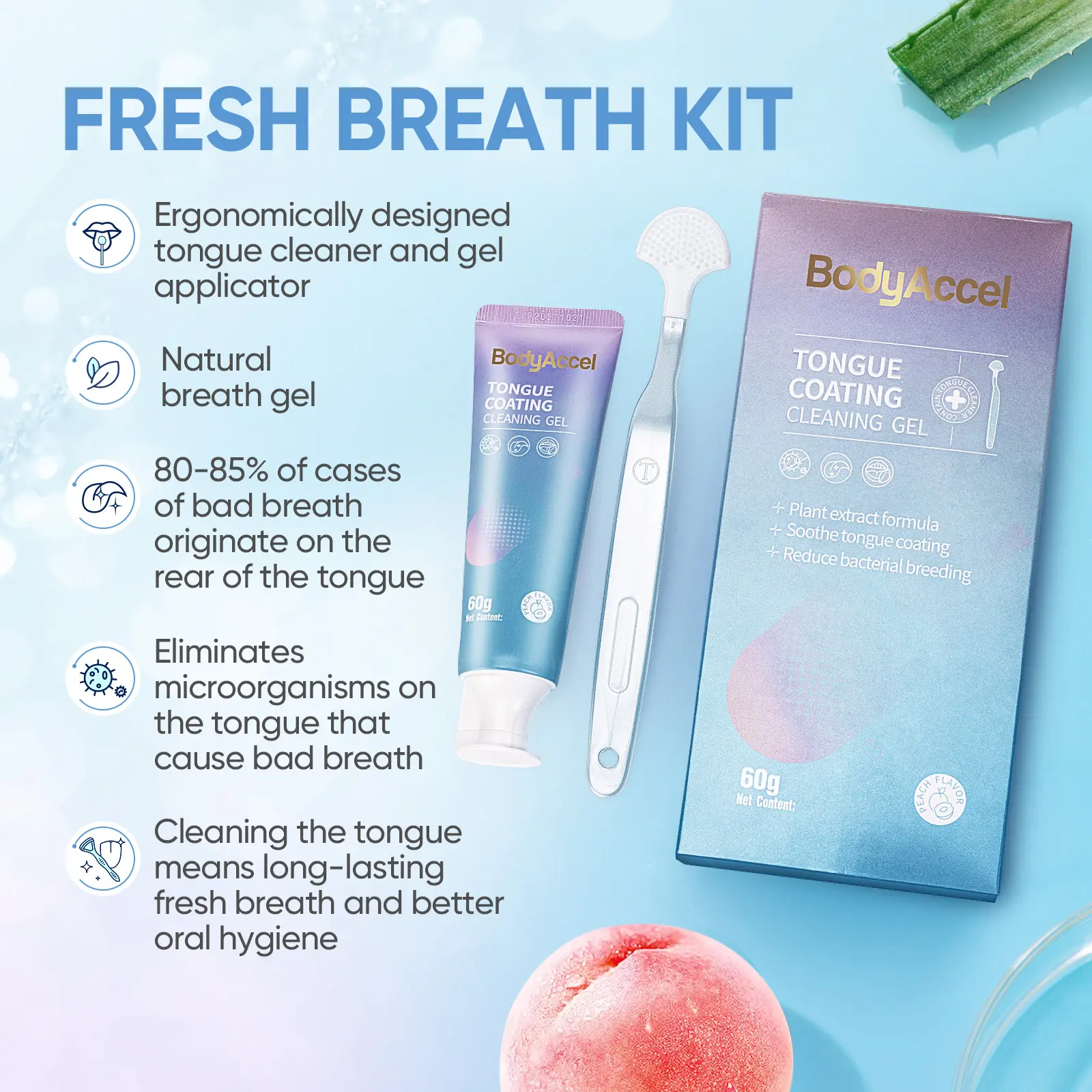 BodyAccel Tongue Cleaning Gel Kit with Aloe Vera Extract, Oral Care for Fresh Breath, Bad Breath Treatment for Adults with Tongue Scraper, Tongue Cleaning Kit