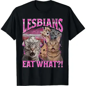 Cotton Printed Lesbian Eater Funny Cat Gay Pride Pun T-Shirt Casual Round Neck