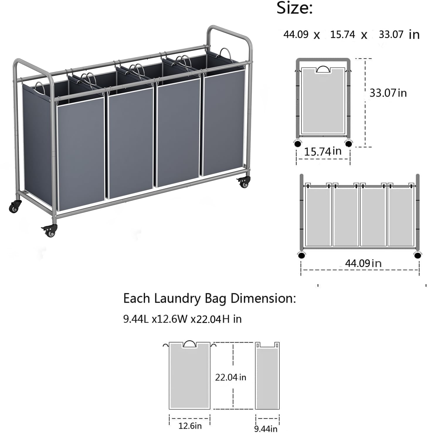 LINZINAR 4 Bag Laundry Basket Sorting Machine Cart with Rolling Lockable Wheels & Detachable Waterproof Bags Large Capacity Oxford Material Easy Assembly