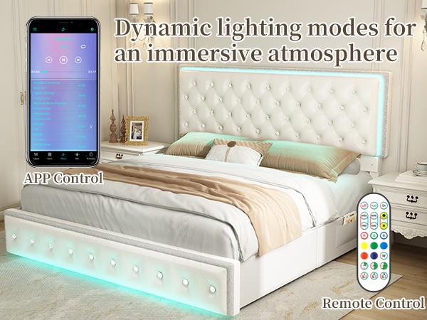 Sibeds Queen Size Bed Frame with Storage Shelf, Storage Drawers and LED Lights, Upholstered Platform Bed with Adjustable Headboard and PU Velvet, No Box Spring Needed, Noise-Free, Easy Assembly