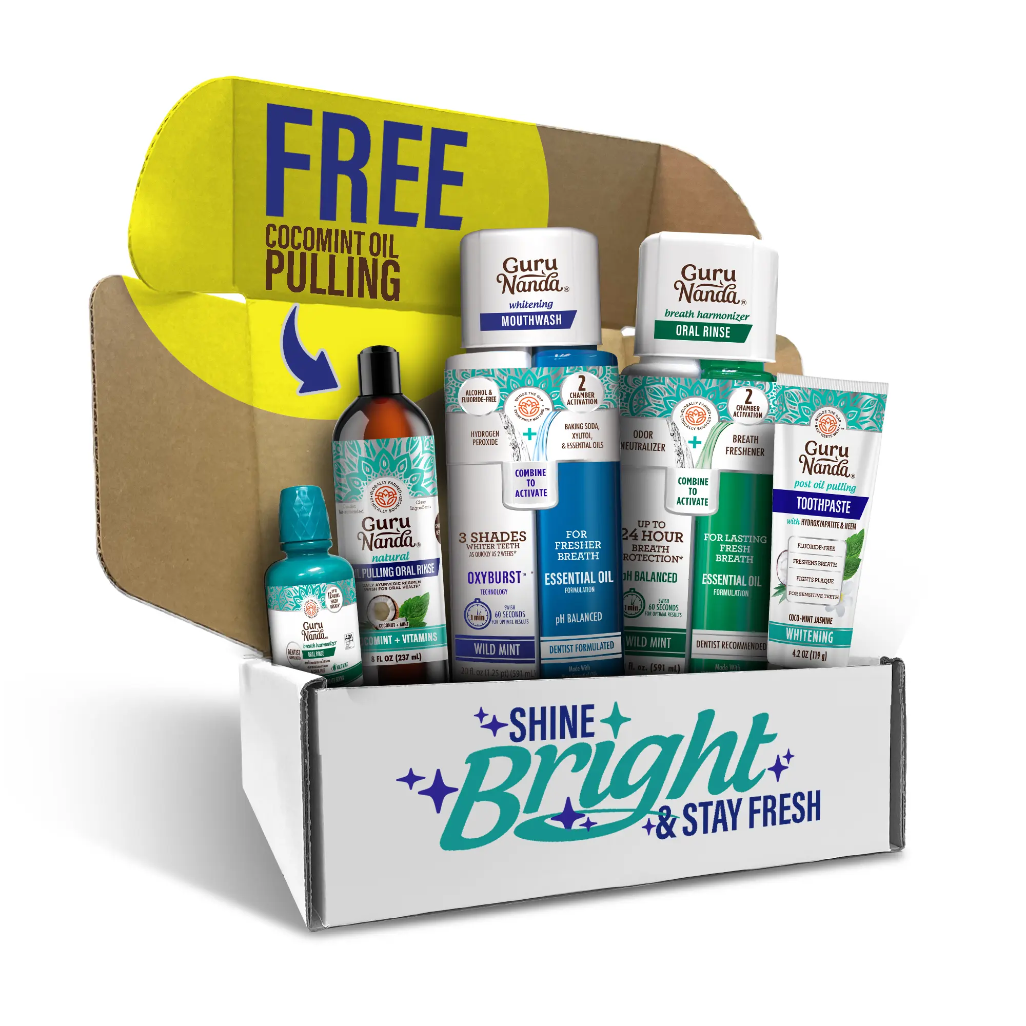 Shine Bright Stay Fresh - Toothpaste + Dual Barrel Whitening & Breath Harmonizer Mouthwash + Oral Rinse + Cocomint Pulling Oil + Dual Thread Floss