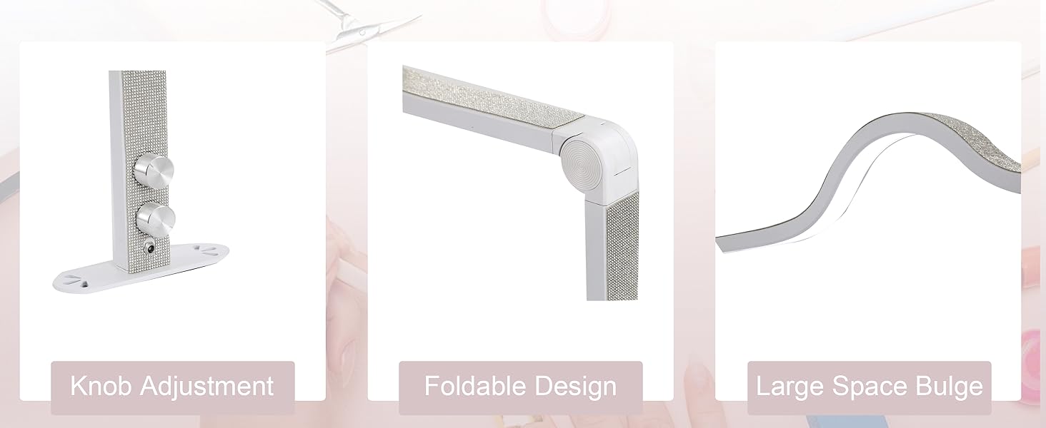 Upgraded Knob type Nail Tech Lamp for Desk, 34 in Foldable Large Nail Light with Phone Holder, 2 Modes 3000K-6000K LED Manicure Lamp, Half Moon Light for Lash Eyelash Extension, Tattoo, Eyebrows