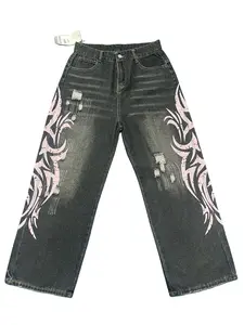 Street style hip-hop unisex American fashion brand printed washed denim wide-leg pants with vintage American patterns.
