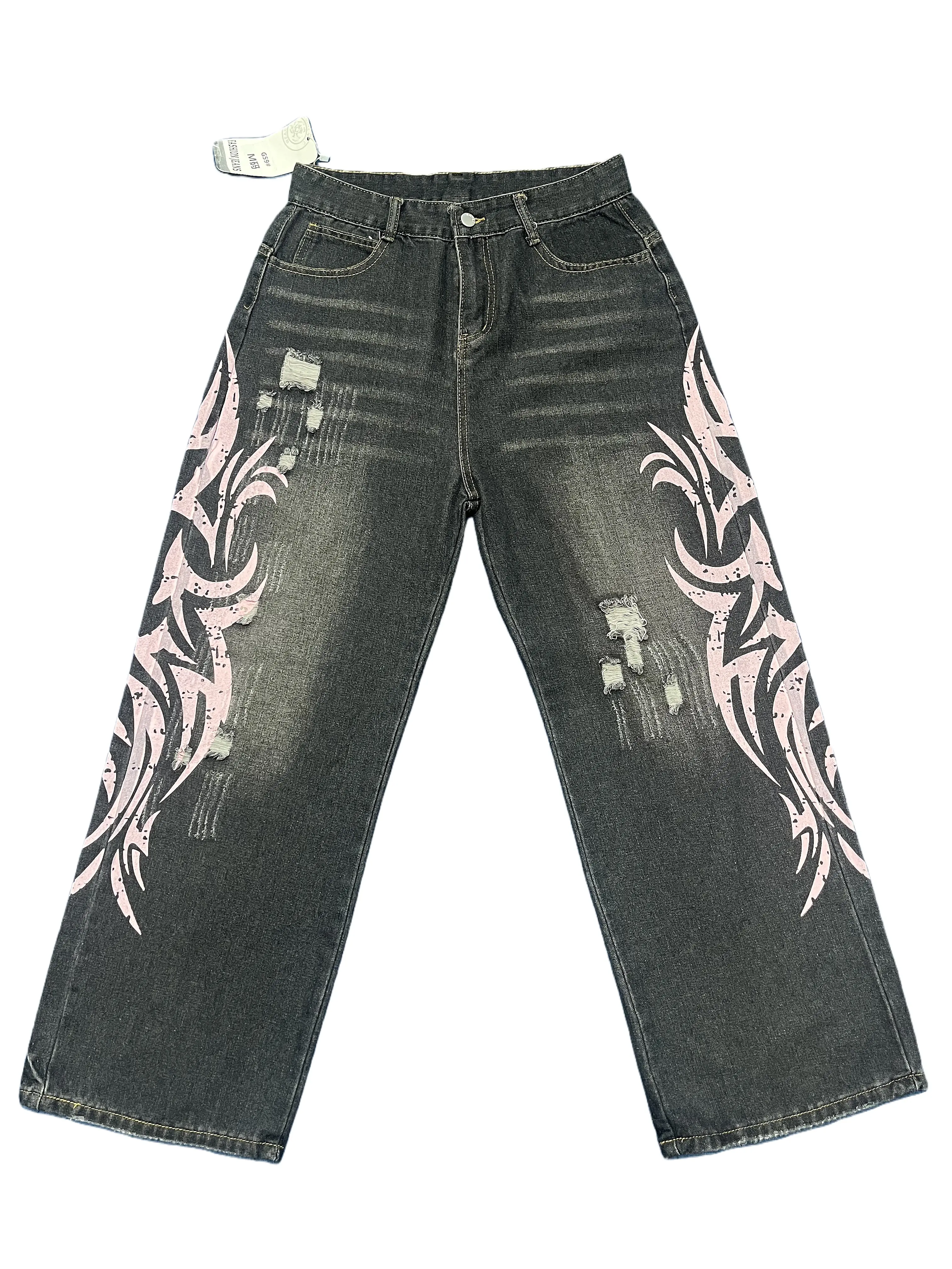 Men's Streetwear Jeans with Vintage American Print, Baggy Wide-Leg Washed Denim in a Loose Relaxed Fit