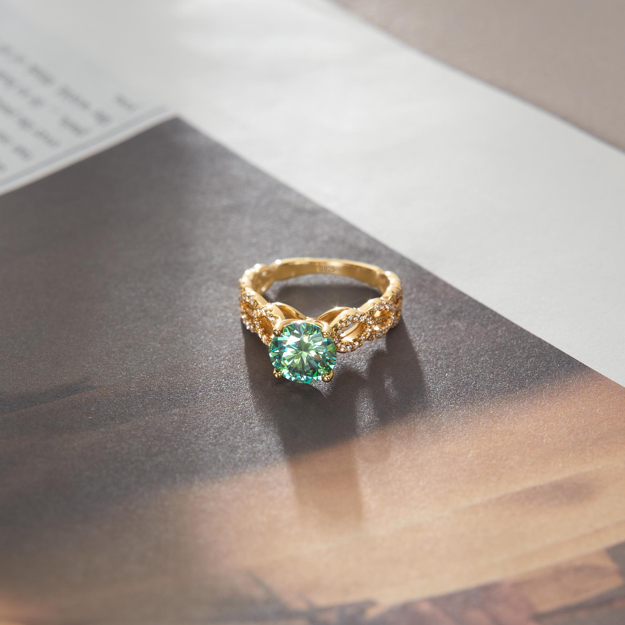 【1010】Stackable 2CT Synthetic  Moissanite Statement Ring | Green/White Stone | Pair with Band Rings