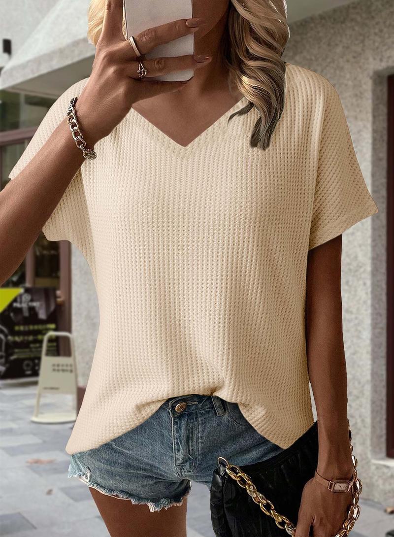 Angerella Women's Dressy Casual V-Neck Short Sleeve Waffle Knit Relaxed Fit Tunic Top Blouse Shirts for Summer