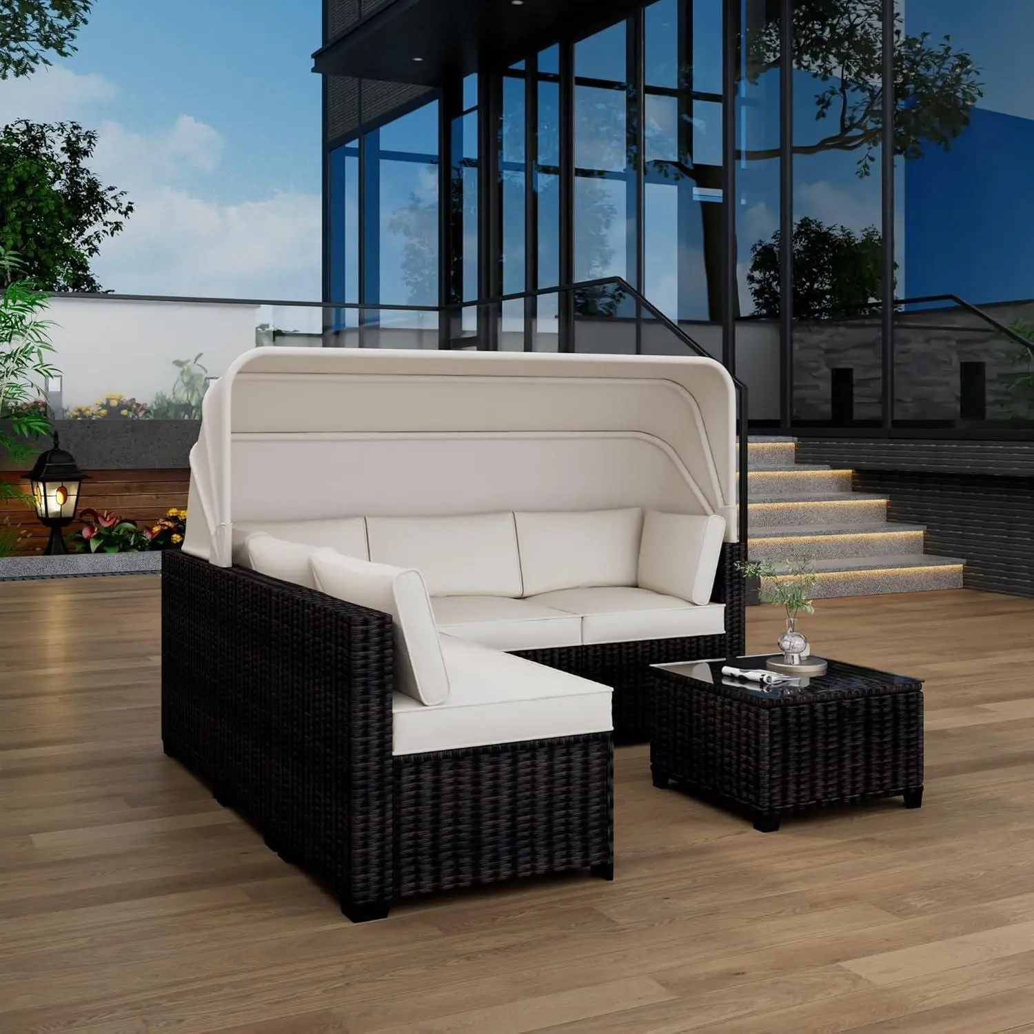 6 Piece Set of Outdoor Daybeds, Daybed with Retractable Canopy, Outdoor Furniture with Canopy, Out Patio Lounge Set with Adjustable Backrests, Garden Poolside Backyard,Brown&Beige