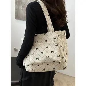 Vintage Casual Bow Pattern Multi-Pocket Tote Bag, Fashion Solid Color Corduroy Material, Versatile Shoulder Crossbody Bag, Everyday Shoulder Bag