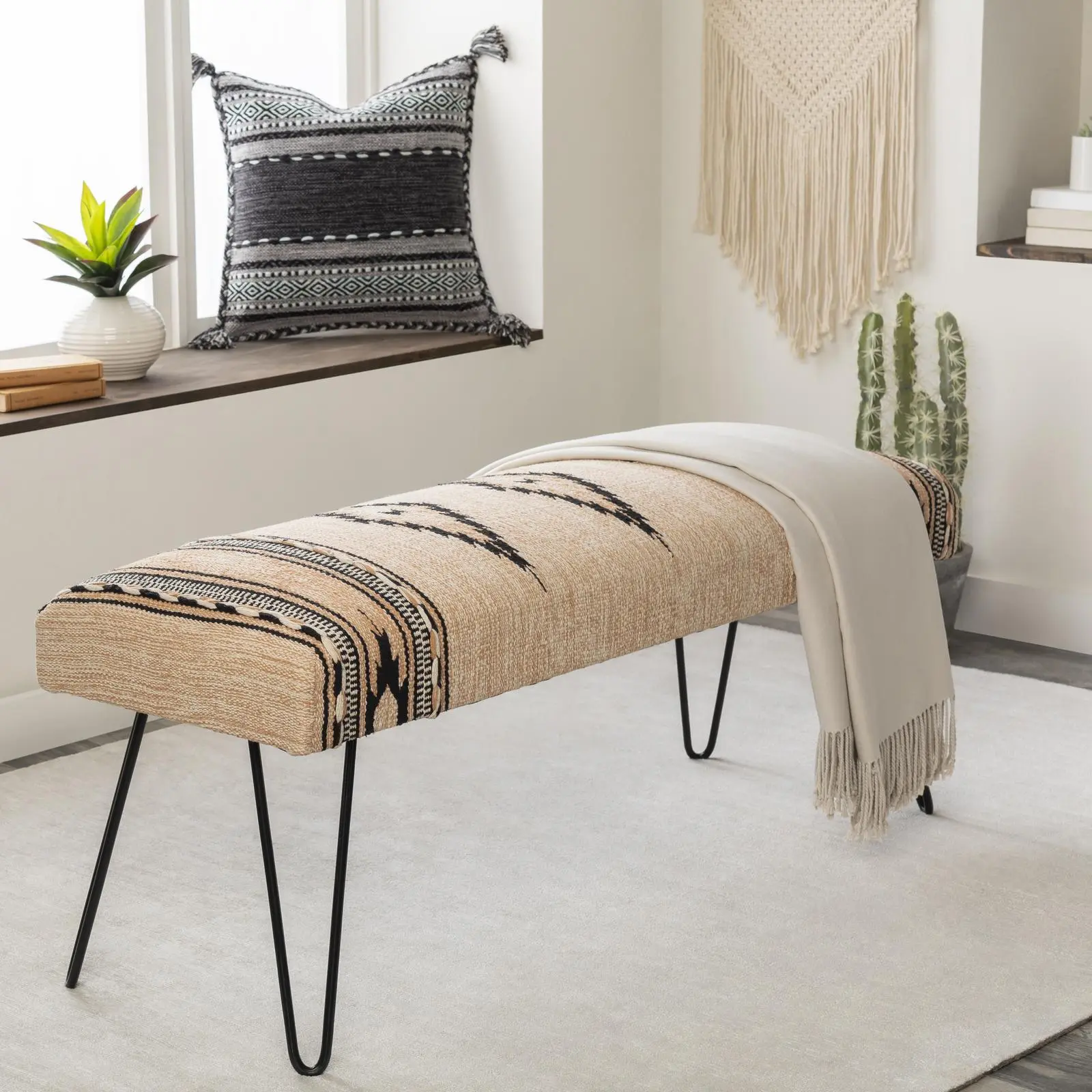 Livabliss Miriam Traditional Powder Coated Iron Farmhouse Benches - Single Seat, 48in Width, 16in Depth, 100% Cotton Cushion, Fully Assembled, Outdoor Patio Furniture