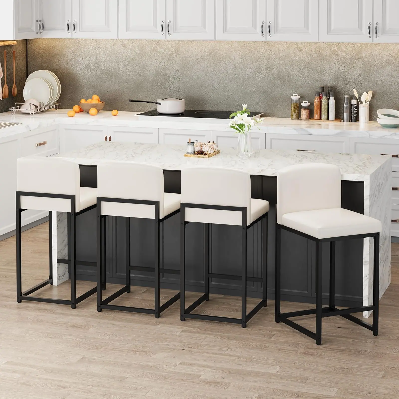 Modern Bar Stools Set of 4, PU Leather Counter Height Barstools with Back, Upholstered Bar Chairs for Kitchen Island & Home Bar, Metal Frame, White