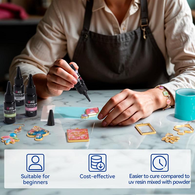 Pearlescent UV Resin, 10 Colors Colored UV Resin, Low Odor & Minimal Bubbles for Resin Casting and Coating, Jewelry Making, Decoration(20g Each) - LET'S RESIN