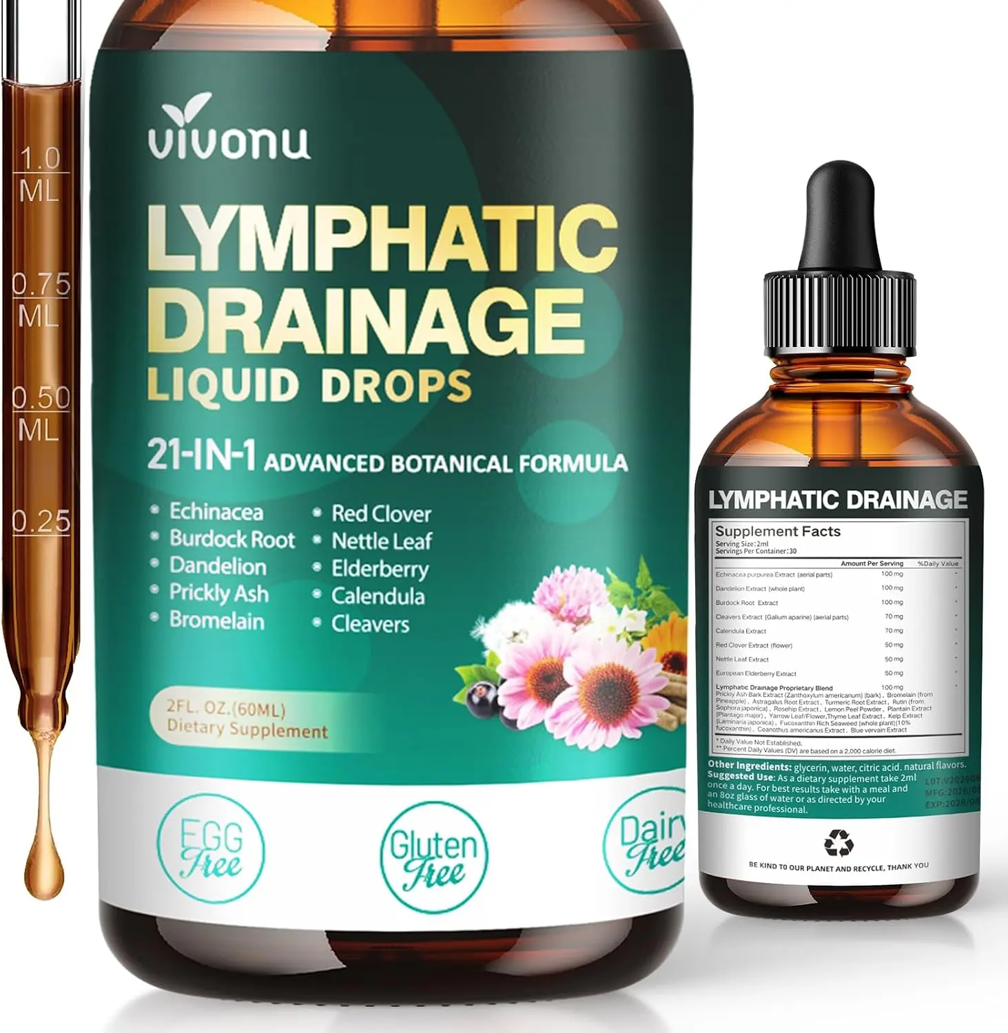 21-in-1 Lymphatic Drainage Supplements Drops, Immune & Lymph System Support | Liposome Technology, Increase Absorption Rate with Echinacea, Dandelion, Burdock, Bromelain, Calendula, Turmeric, 2 FL OZ