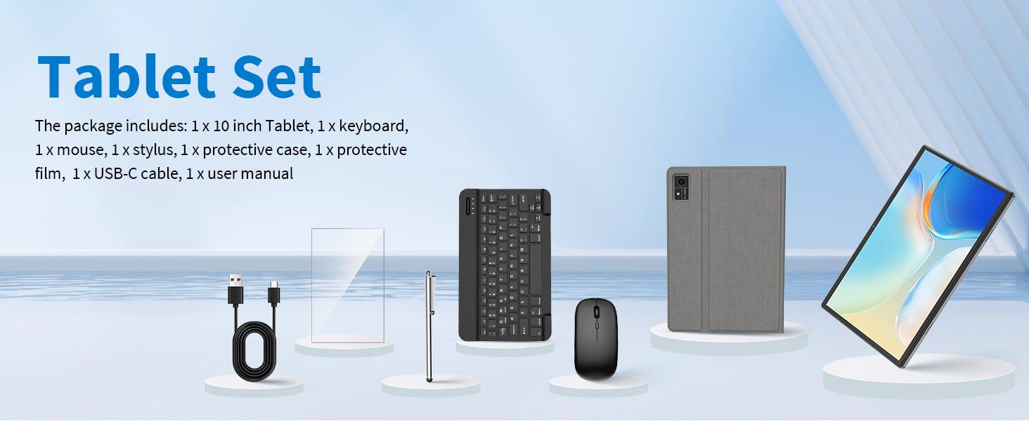 【TikTokShopSpringGlowUp】Relndoo Android 14 Tablet 10.1 inch with 16(8+8)GB+128GB, Face Unlock, Set with Keyboard, Mouse, Case, Stylus, Supporting Multitasking