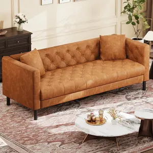 Garvee 81" Button-Tufted Leather Sofa, Mid-Century Modern Chesterfield 3-Seater Couch with Deep Seat and 2 Pillows, Cognac Tan, Perfect for Living Room, Apartment, and Office Use