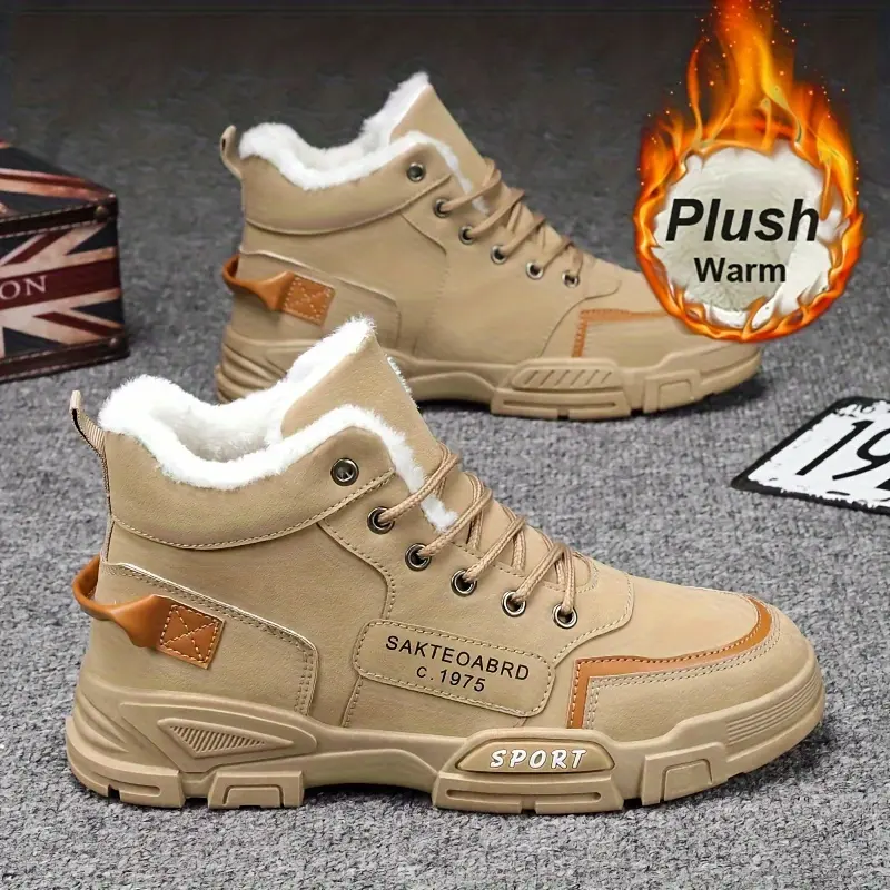 2025 Winter Men's Mid-top Waterproof Coldproof Plush Warm Fabric Laces Round Toe Preppy Cotton Leather Work Snow Boots - Outdoor Fashion Sports Walking Shoes (Style 6689, Khaki), Retro