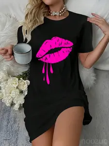 Lips Shirt Pink Lips Kiss 80s Lipstick Makeup Lover Casual Dress