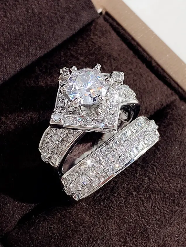 2pcs Women's Charm Ring Set, Elegant Inlaid Rings for Wedding, Engagement & Valentine's Day