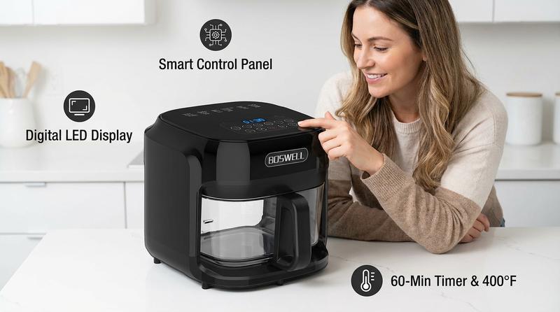 BOSWELL 7.5QT Glass Air Fryer with Transparent Bowl – 5-in-1 Rapid Heating, Fits a Whole Chicken, Oil-Free & Healthy Crispy Results, Dishwasher-Safe, A Perfect Valentine’s Day Gift for Family or Couples