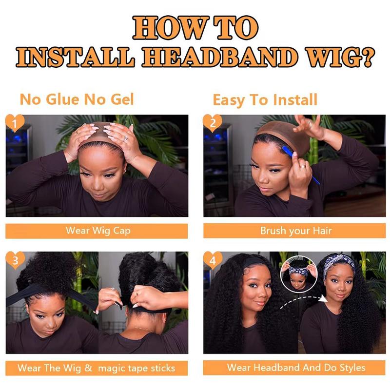 Kinky Curly Headband Wig Human Hair Curly Wigs Real Human Hair Glueless Ready and Go Beginner Friendly 180% Density Elastic Drawstring Headband Wigs for Women