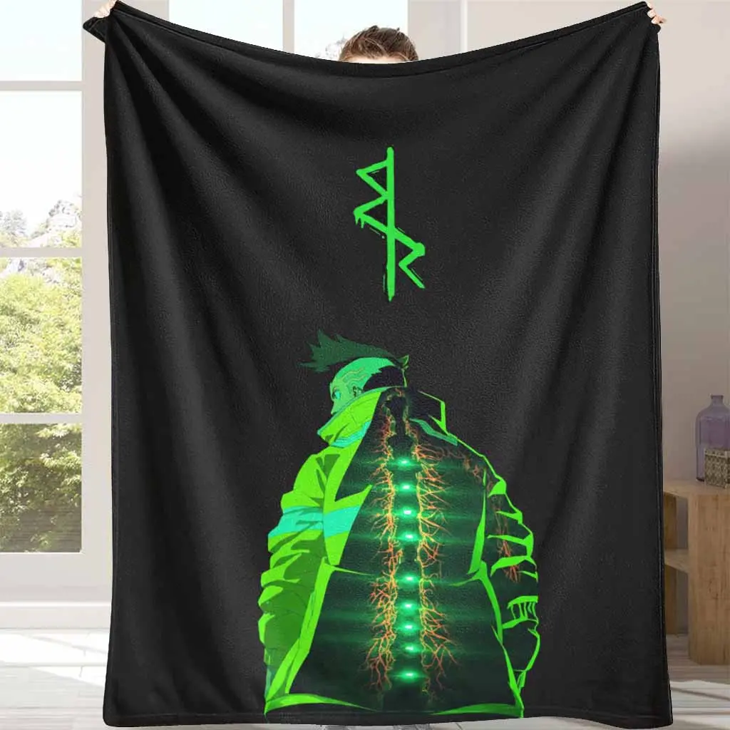 Cyberpunk Aesthetic Flannel Blanket - Flannel Fabric, Edgerunner Art Silhouette Graphic, Lightweight Weave, Soft Warm Breathable, Ideal for Couch, Room Decor Gift