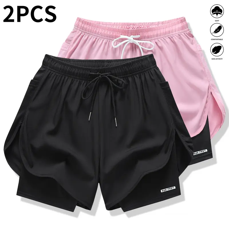 Women's Active Elastized Polyester Cute Faux 2-Piece Solid Casual Athletic Shorts, 2-Pack with Built-In Lining, Elastic Drawstring Waistband, Lightweight, Outdoor-Run Ready, Yellow Drawstring Option (Suitable for Gym & Casual Wear)